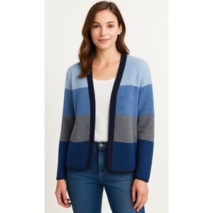 Talbots 100% Cotton Open Front Cardigan Blue Gray Colorblock Stripe Women Medium
